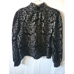 Calligraphie Women's Black Faux Leather Floral Mock Neck Long Sleeve Blouse XL